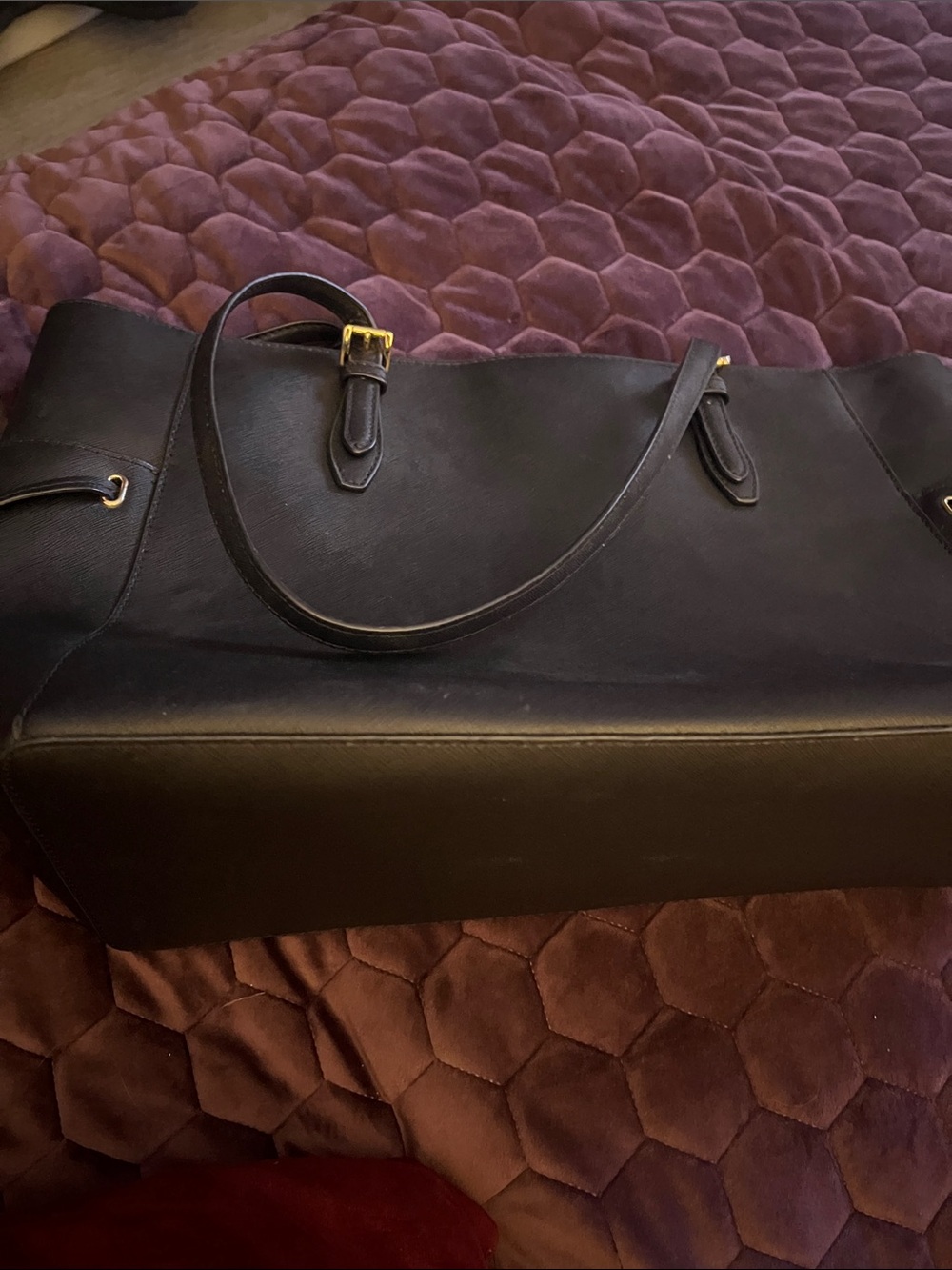 Michael Kors Black Leather Tote with Gold MK Charm - Picture 4 of 5